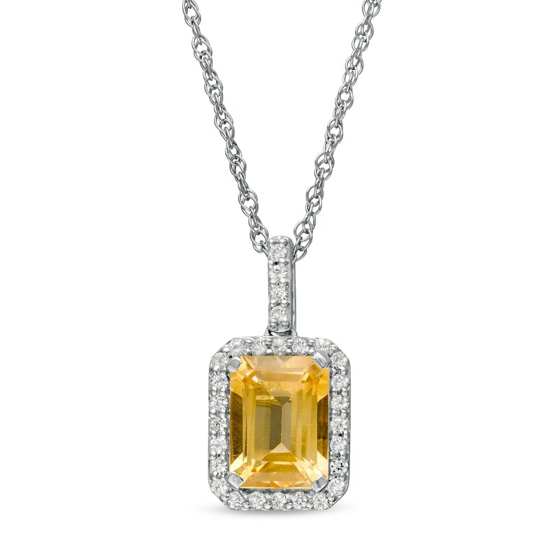 Main Image 1 of Emerald-Cut Lab-Created Citrine and White Sapphire Octagonal Frame Drop Pendant in Sterling Silver