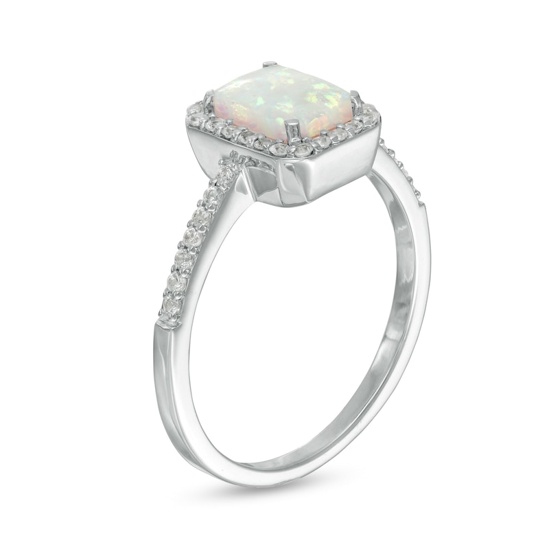 Main Image 3 of Emerald-Cut Lab-Created Opal and White Sapphire Octagonal Frame Ring in Sterling Silver