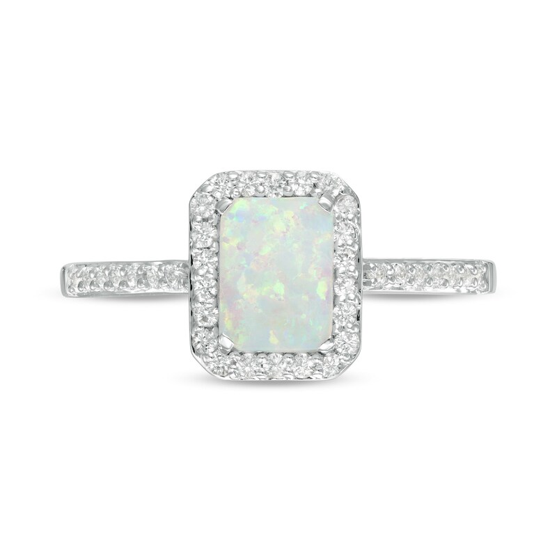 Main Image 4 of Emerald-Cut Lab-Created Opal and White Sapphire Octagonal Frame Ring in Sterling Silver