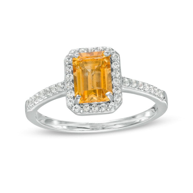 Emerald-Cut Lab-Created Citrine and White Lab-Created Sapphire Octagonal Frame Ring in Sterling Silver