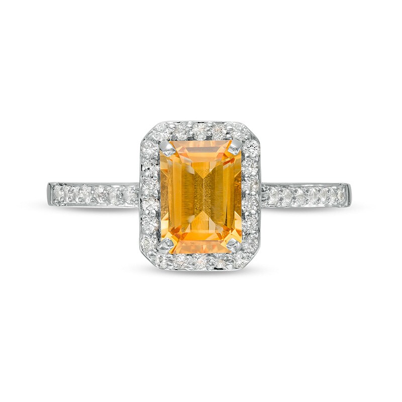 Emerald-Cut Lab-Created Citrine and White Lab-Created Sapphire Octagonal Frame Ring in Sterling Silver