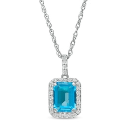 Emerald-Cut Simulated Blue Topaz and Lab-Created White Sapphire Octagonal Frame Drop Pendant in Sterling Silver
