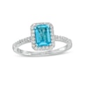 Thumbnail Image 1 of Emerald-Cut Simulated Blue Topaz and Lab-Created White Sapphire Octagonal Frame Ring in Sterling Silver