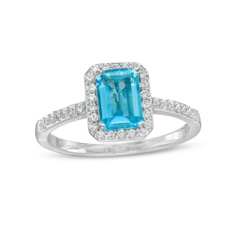 Main Image 1 of Emerald-Cut Simulated Blue Topaz and Lab-Created White Sapphire Octagonal Frame Ring in Sterling Silver