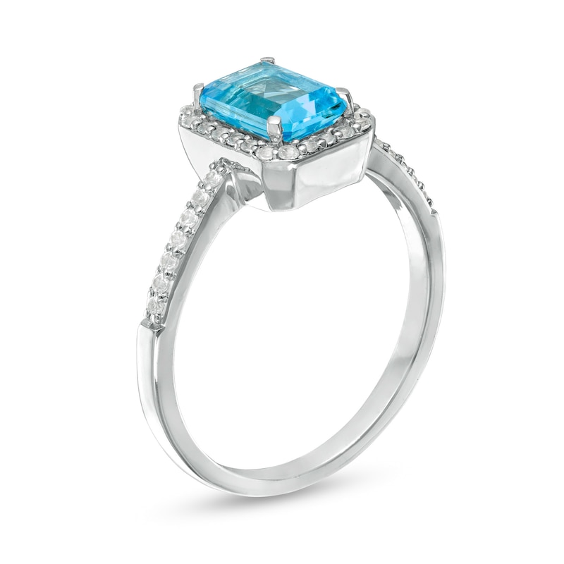 Main Image 3 of Emerald-Cut Simulated Blue Topaz and Lab-Created White Sapphire Octagonal Frame Ring in Sterling Silver