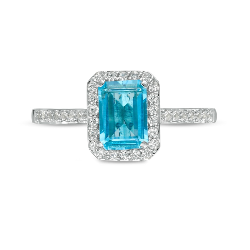 Main Image 4 of Emerald-Cut Simulated Blue Topaz and Lab-Created White Sapphire Octagonal Frame Ring in Sterling Silver