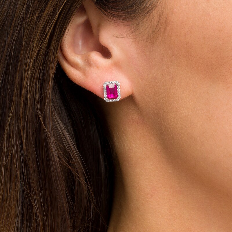 Main Image 2 of Emerald-Cut Lab-Created Ruby and White Sapphire Octagonal Frame Stud Earrings in Sterling Silver