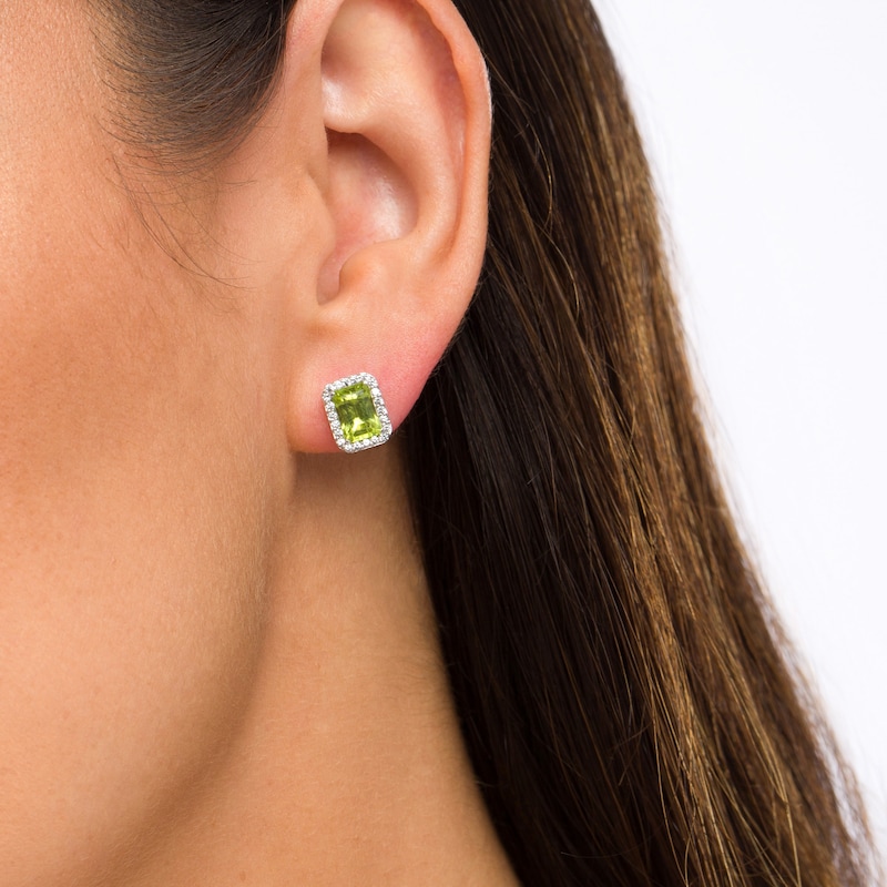 Main Image 2 of Emerald-Cut Simulated Peridot and Lab-Created White Sapphire Octagonal Frame Stud Earrings in Sterling Silver
