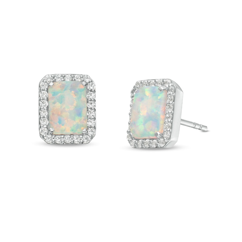 Emerald-Cut Lab-Created Opal and White Sapphire Octagonal Frame Stud Earrings in Sterling Silver