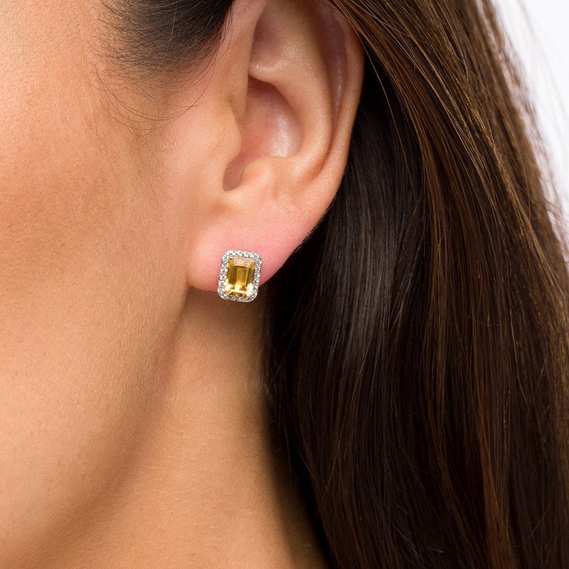 Main Image 2 of Emerald-Cut Lab-Created Citrine and White Sapphire Octagonal Frame Stud Earrings in Sterling Silver