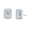 Thumbnail Image 0 of Emerald-Cut Simulated Aquamarine and Lab-Created White Sapphire Octagonal Frame Stud Earrings in Sterling Silver