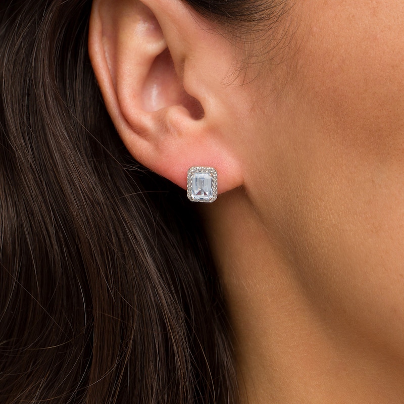 Emerald-Cut Simulated Aquamarine and Lab-Created White Sapphire Octagonal Frame Stud Earrings in Sterling Silver