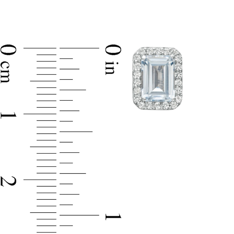 Emerald-Cut Simulated Aquamarine and Lab-Created White Sapphire Octagonal Frame Stud Earrings in Sterling Silver