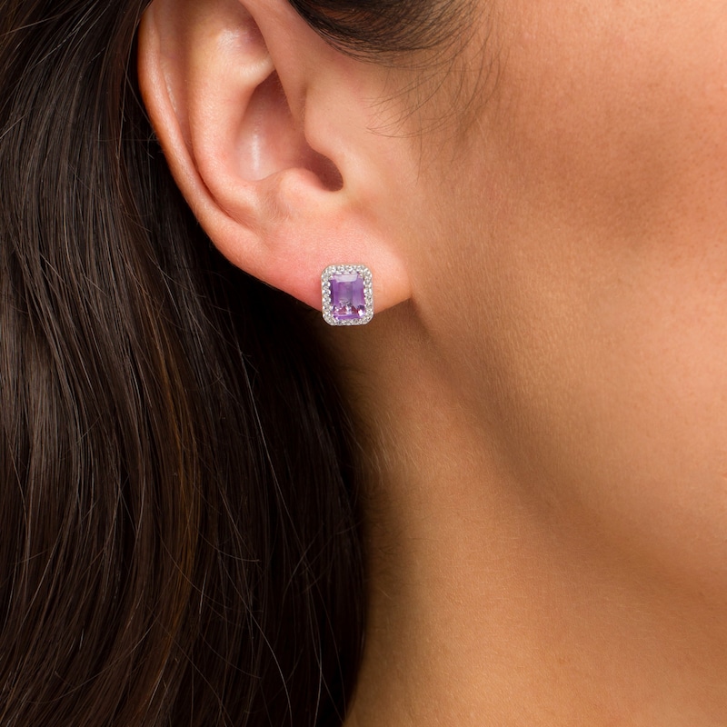 Main Image 2 of Emerald-Cut Lab-Created Amethyst and White Sapphire Octagonal Frame Stud Earrings in Sterling Silver