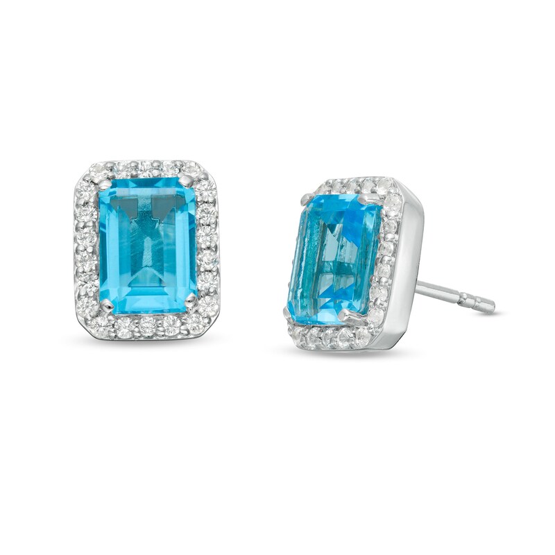 Main Image 1 of Emerald-Cut Simulated Blue Topaz and Lab-Created White Sapphire Octagonal Frame Stud Earrings in Sterling Silver