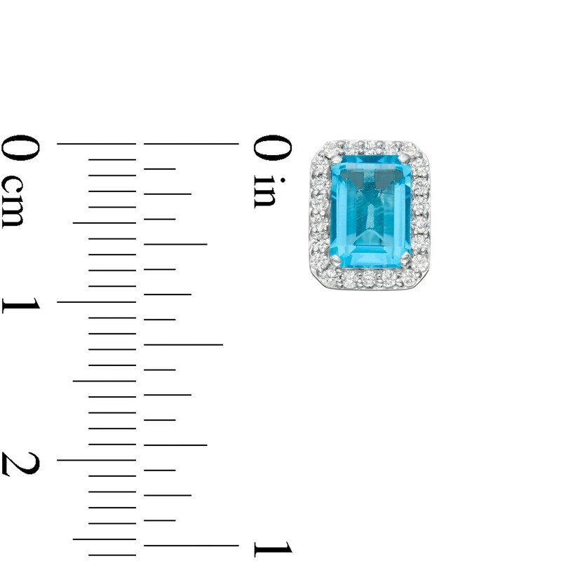 Main Image 3 of Emerald-Cut Simulated Blue Topaz and Lab-Created White Sapphire Octagonal Frame Stud Earrings in Sterling Silver