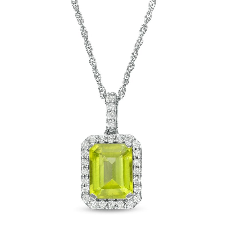 Emerald-Cut Simulated Peridot and Lab-Created White Sapphire Octagonal Frame Drop Pendant in Sterling Silver