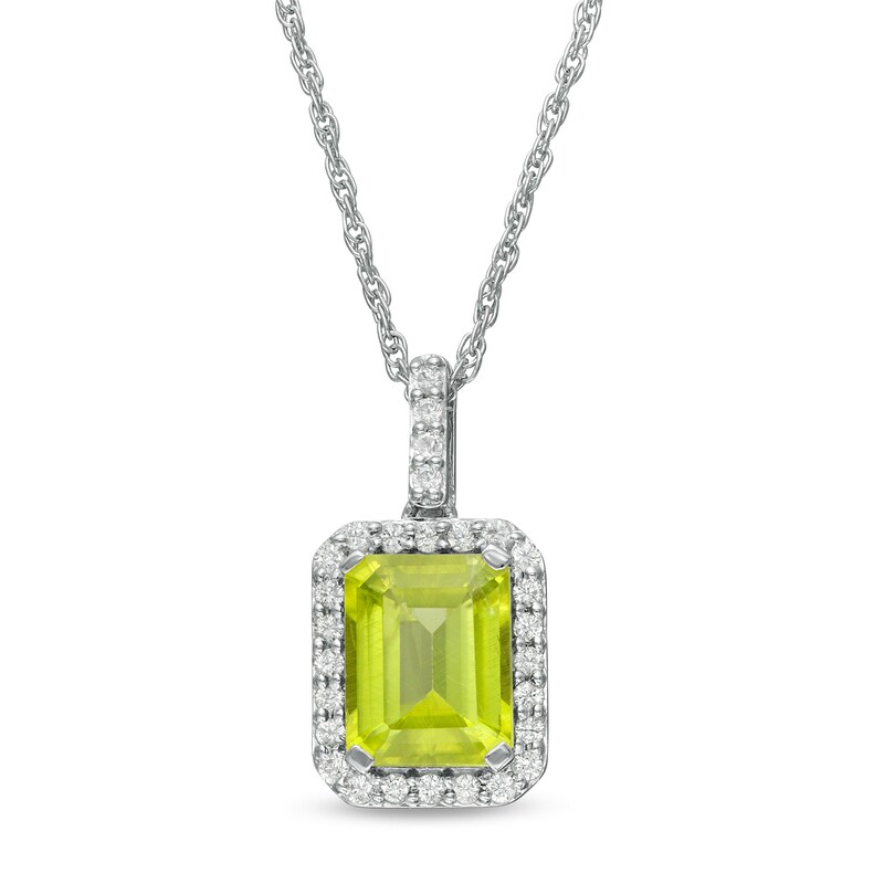 Main Image 1 of Emerald-Cut Simulated Peridot and Lab-Created White Sapphire Octagonal Frame Drop Pendant in Sterling Silver
