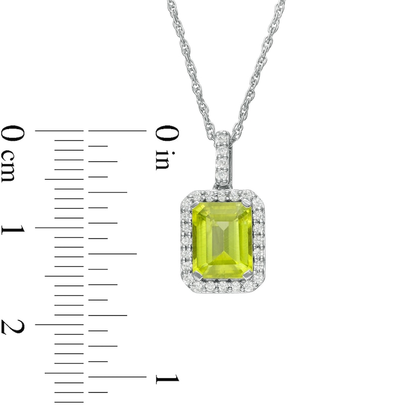 Main Image 3 of Emerald-Cut Simulated Peridot and Lab-Created White Sapphire Octagonal Frame Drop Pendant in Sterling Silver