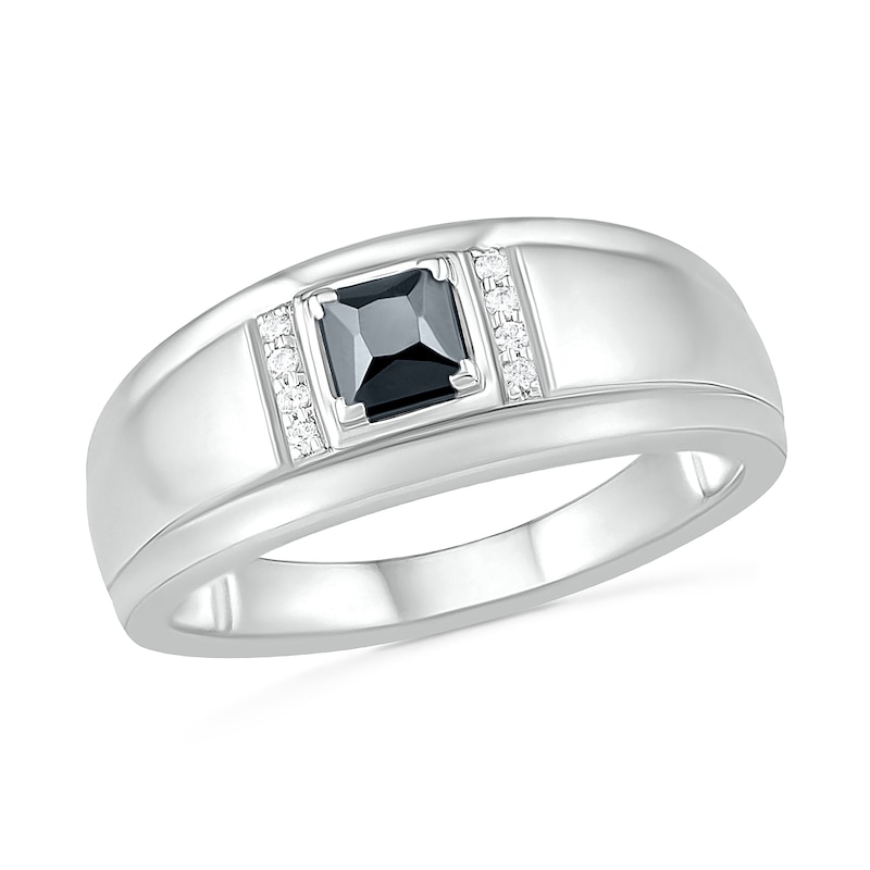 Men's 4.0mm Square-Cut Black Spinel and 0.04 CT. T.W. Diamond Collar Stepped Edge Ring in Sterling Silver|Peoples Jewellers