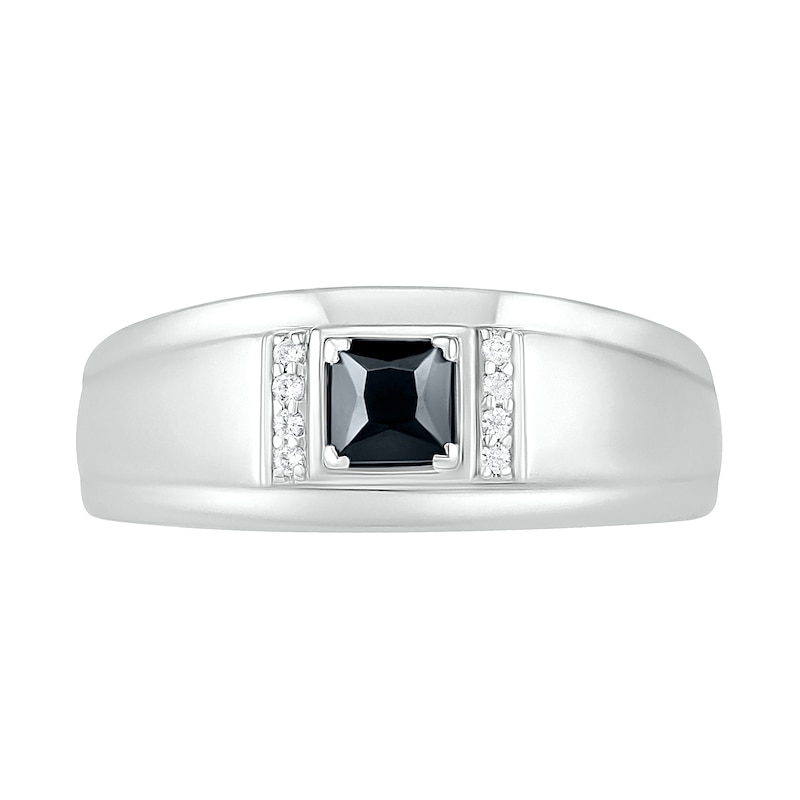 Men's 4.0mm Square-Cut Black Spinel and 0.04 CT. T.W. Diamond Collar Stepped Edge Ring in Sterling Silver|Peoples Jewellers