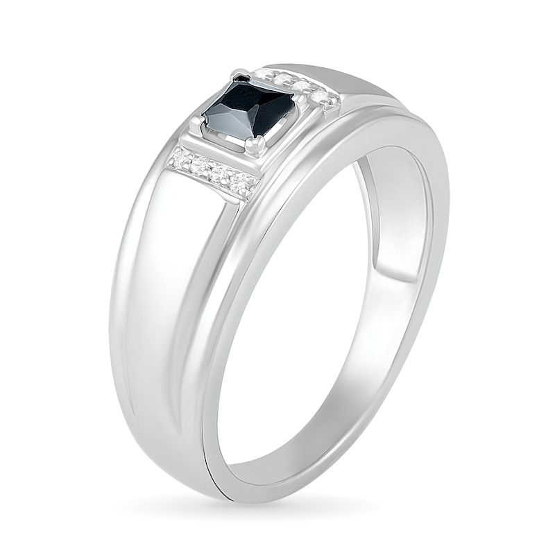 Men's 4.0mm Square-Cut Black Spinel and 0.04 CT. T.W. Diamond Collar Stepped Edge Ring in Sterling Silver|Peoples Jewellers