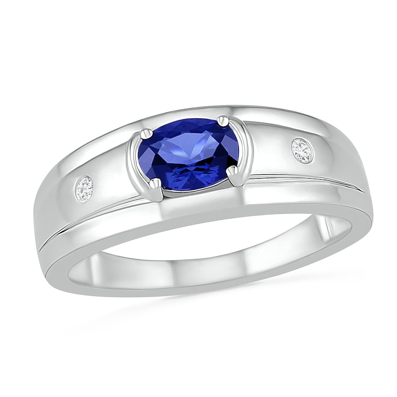 Men's Oval Blue Lab-Created Sapphire and 0.04 CT. T.W. Diamond Duo Stepped Edge Ring in Sterling Silver|Peoples Jewellers