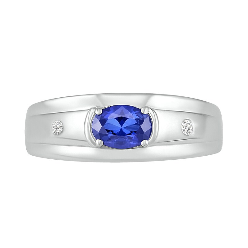 Main Image 2 of Men's Oval Blue Lab-Created Sapphire and 0.04 CT. T.W. Diamond Duo Stepped Edge Ring in Sterling Silver