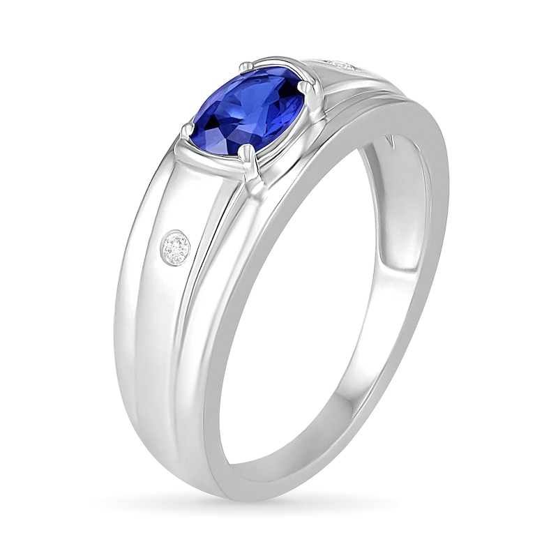 Main Image 3 of Men's Oval Blue Lab-Created Sapphire and 0.04 CT. T.W. Diamond Duo Stepped Edge Ring in Sterling Silver