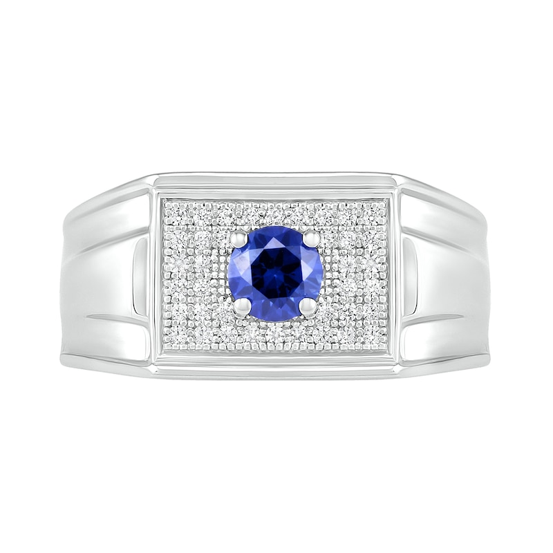 Main Image 2 of Men’s Blue Lab-Created Sapphire and 0.29 CT. T.W. Diamond Rectangle-Top Stepped Edge Triple Row Ring in Sterling Silver