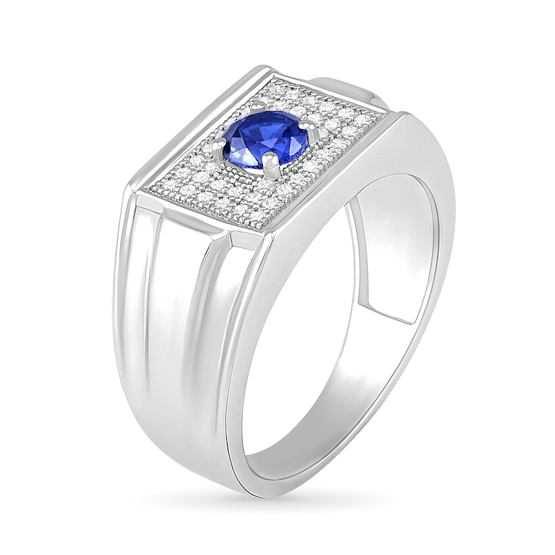 Main Image 3 of Men’s Blue Lab-Created Sapphire and 0.29 CT. T.W. Diamond Rectangle-Top Stepped Edge Triple Row Ring in Sterling Silver