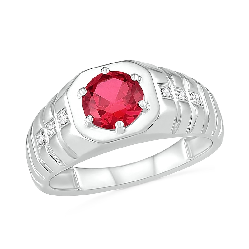 Main Image 1 of Men's 7.0mm Lab-Created Ruby and 0.04 CT. T.W. Diamond Octagonal-Top Ribbed Shank Ring in Sterling Silver