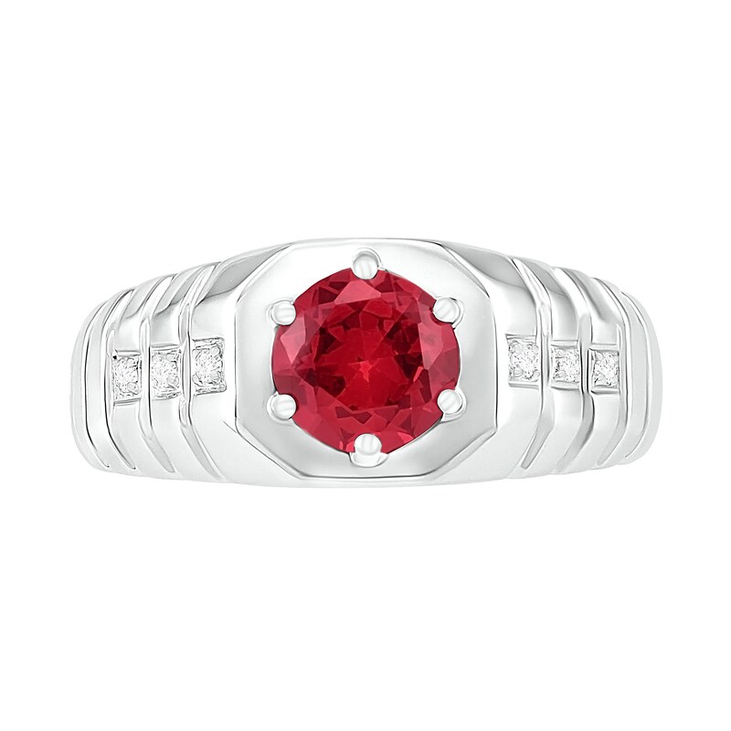 Main Image 2 of Men's 7.0mm Lab-Created Ruby and 0.04 CT. T.W. Diamond Octagonal-Top Ribbed Shank Ring in Sterling Silver