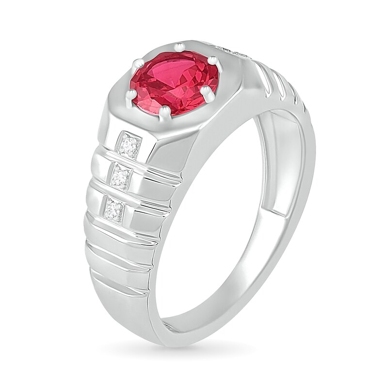 Main Image 3 of Men's 7.0mm Lab-Created Ruby and 0.04 CT. T.W. Diamond Octagonal-Top Ribbed Shank Ring in Sterling Silver