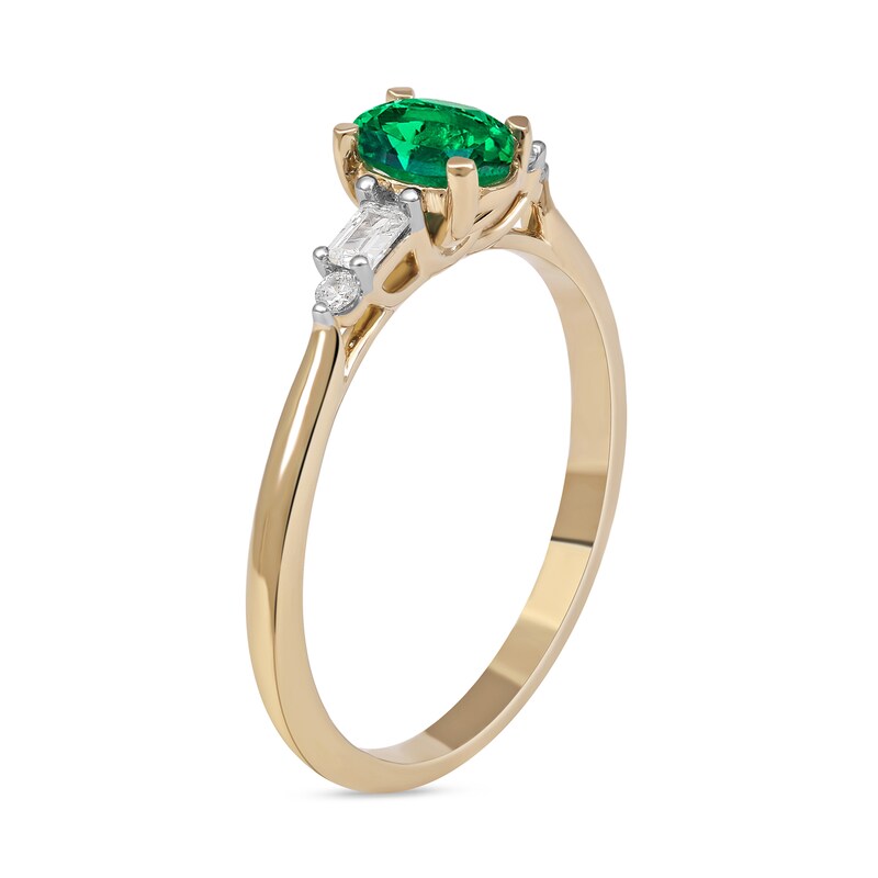 Main Image 2 of Oval Emerald and 0.10 CT. T.W. Baguette and Round Diamond Side Accent Ring in 10K Gold