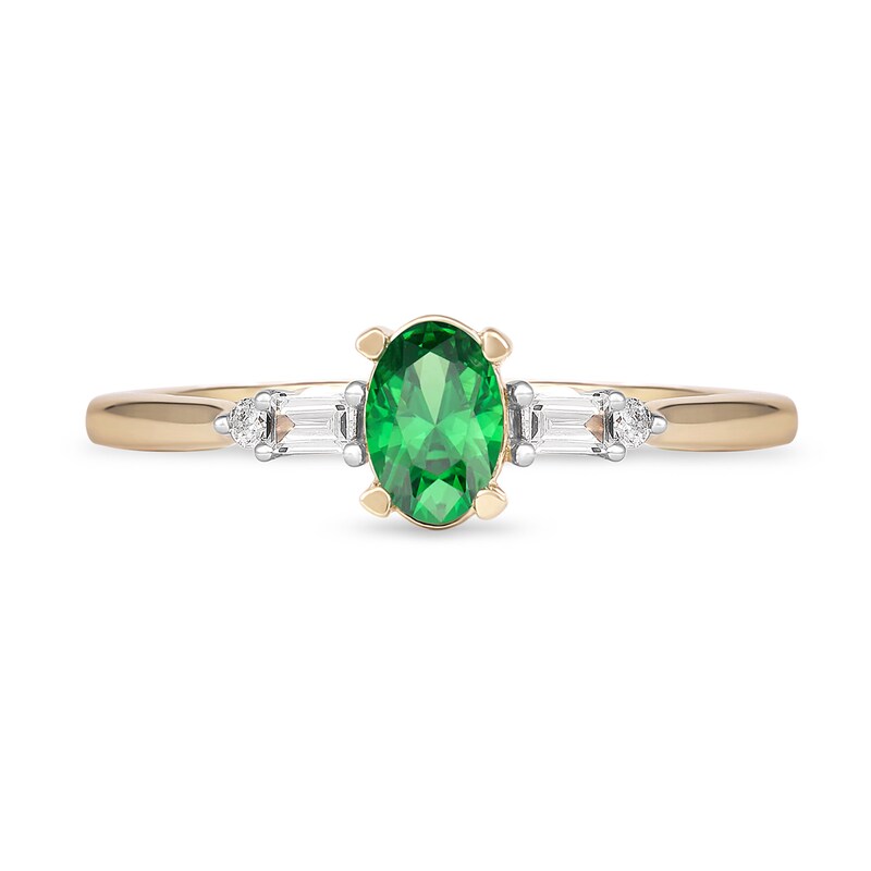 Main Image 3 of Oval Emerald and 0.10 CT. T.W. Baguette and Round Diamond Side Accent Ring in 10K Gold