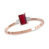 Thumbnail Image 0 of Emerald-Cut Ruby and 0.08 CT. T.W. Diamond Three Stone Grooved Ring in 10K Rose Gold