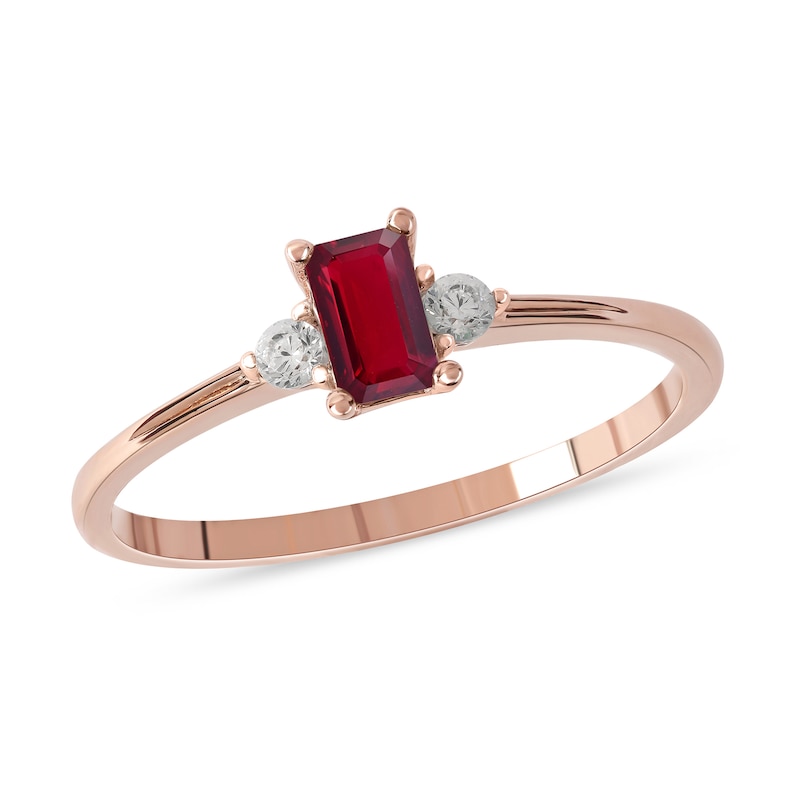 Emerald-Cut Ruby and 0.08 CT. T.W. Diamond Three Stone Grooved Ring in 10K Rose Gold