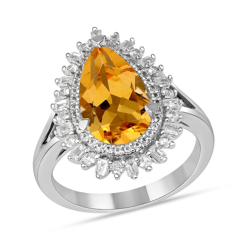Pear-Shaped Citrine and White Lab-Created Sapphire Double Shadow Frame Split Shank Ring in Sterling Silver