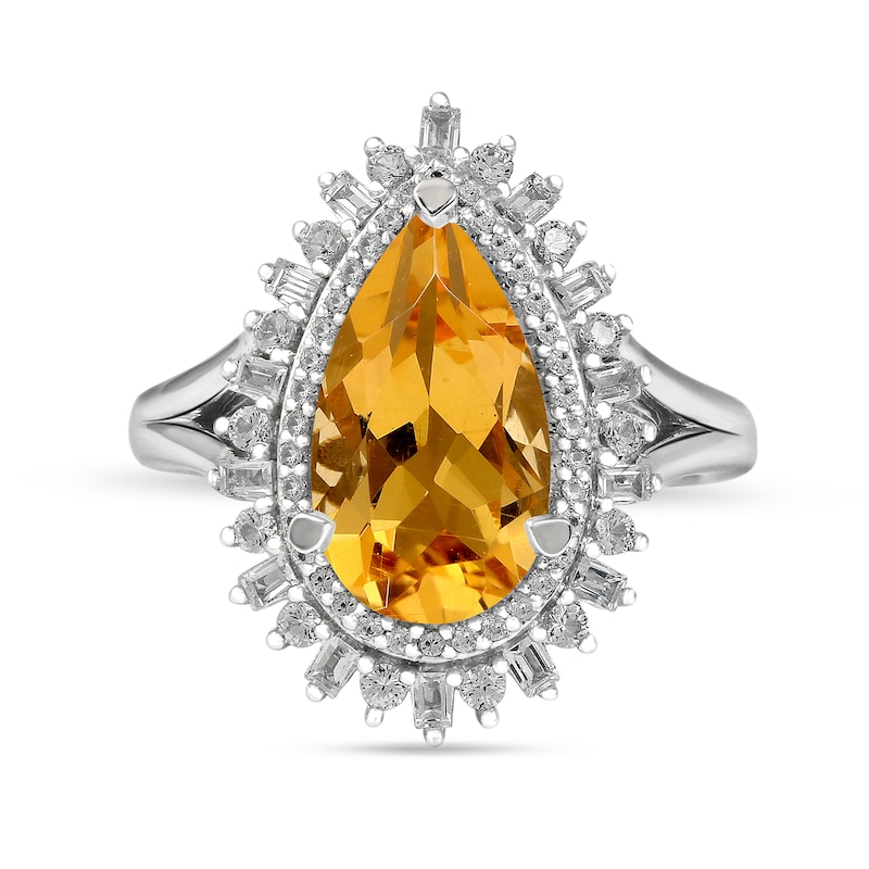 Pear-Shaped Citrine and White Lab-Created Sapphire Double Shadow Frame Split Shank Ring in Sterling Silver