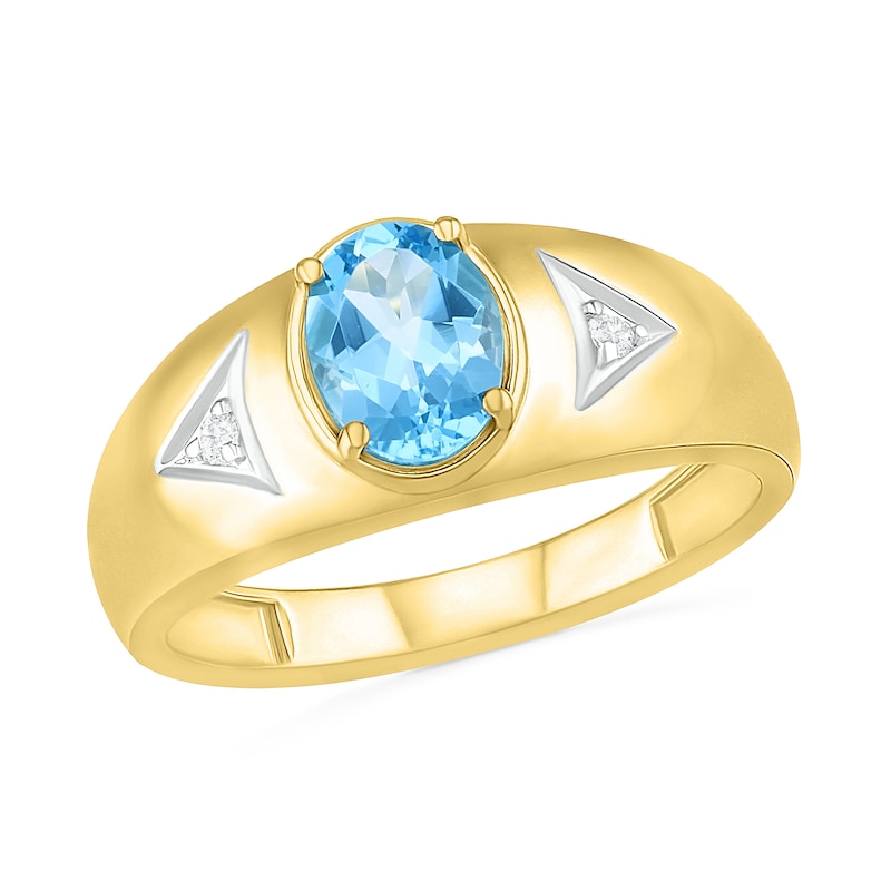 Men's Oval Blue Topaz and Diamond Accent Triangle Side Accent Ring in 10K Gold|Peoples Jewellers