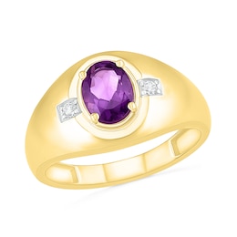 Men's Oval Amethyst and 0.04 CT. T.W. Diamond Side Accent Signet Ring in 10K Gold