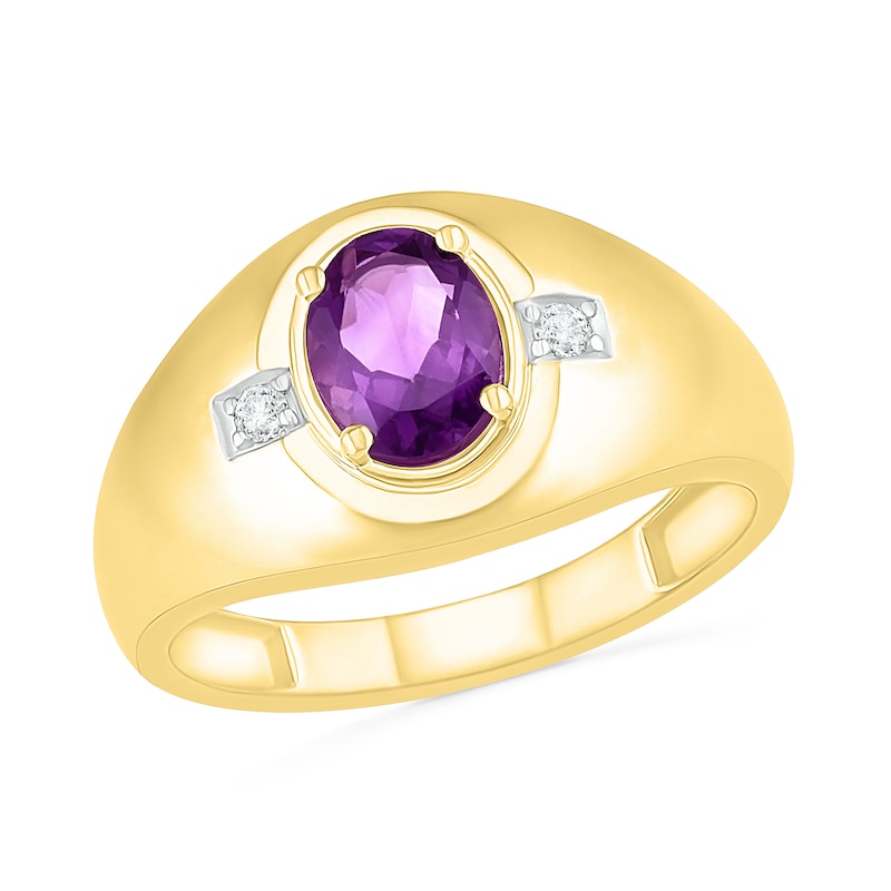 Men's Oval Amethyst and 0.04 CT. T.W. Diamond Side Accent Signet Ring in 10K Gold|Peoples Jewellers