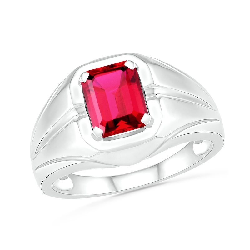 Men's Emerald-Cut Lab-Created Ruby Rectangular Frame Split Shank Ring in Sterling Silver|Peoples Jewellers