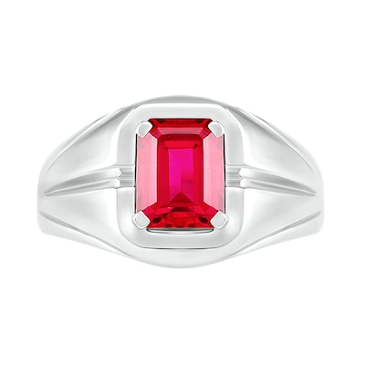 Men's Emerald-Cut Lab-Created Ruby Rectangular Frame Split Shank Ring in Sterling Silver