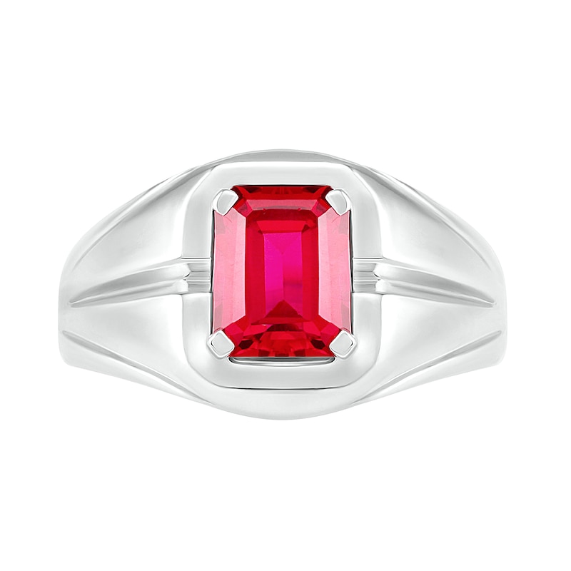 Main Image 2 of Men's Emerald-Cut Lab-Created Ruby Rectangular Frame Split Shank Ring in Sterling Silver