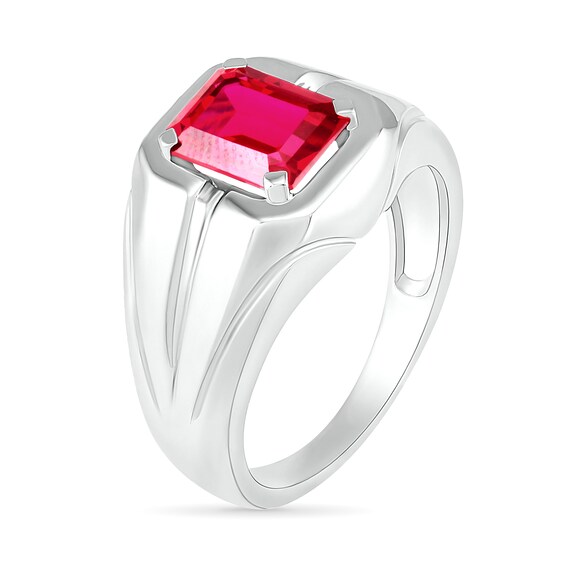Men's Emerald-Cut Lab-Created Ruby Rectangular Frame Split Shank Ring in Sterling Silver