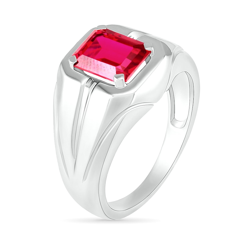 Main Image 3 of Men's Emerald-Cut Lab-Created Ruby Rectangular Frame Split Shank Ring in Sterling Silver