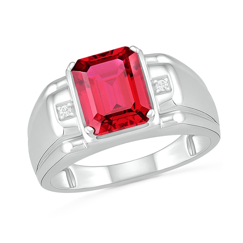 Main Image 1 of Men's Emerald-Cut Lab-Created Ruby and Diamond Accent Collar Stepped Edge Ring in Sterling Silver