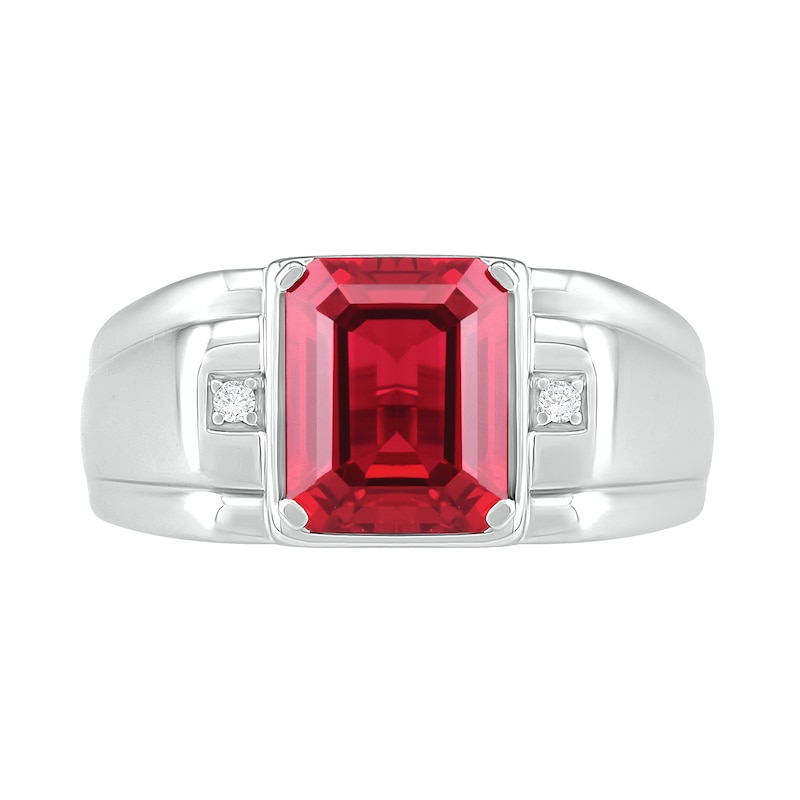 Men's Emerald-Cut Lab-Created Ruby and Diamond Accent Collar Stepped Edge Ring in Sterling Silver|Peoples Jewellers